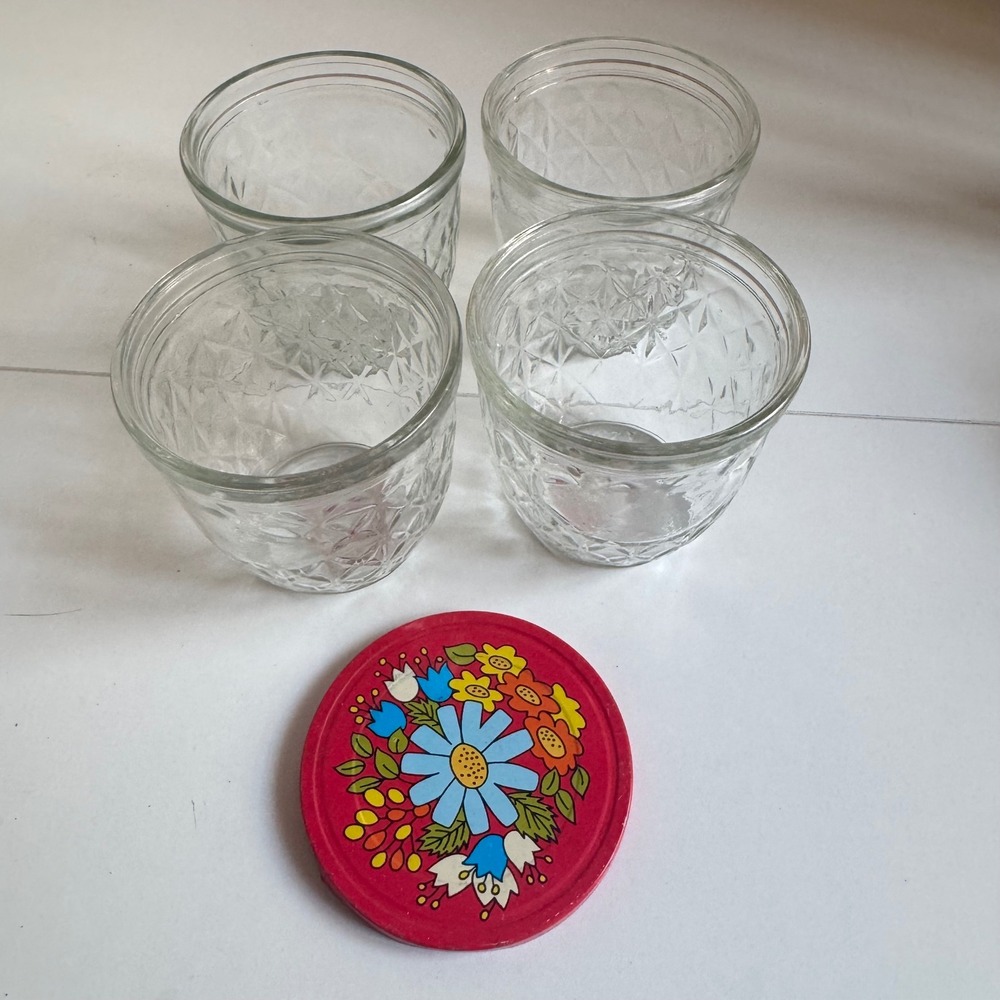 Set of 4 Ball Quilted Crystal Jelly Jars 4oz Clear Glass with 1 Floral Lid 1970s